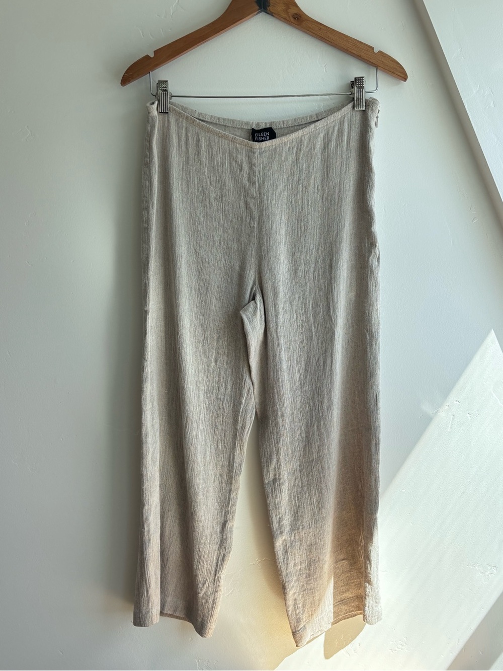 Eileen Fisher cream Crinkle Linen Rayon Pull On straight leg pants Sz XS